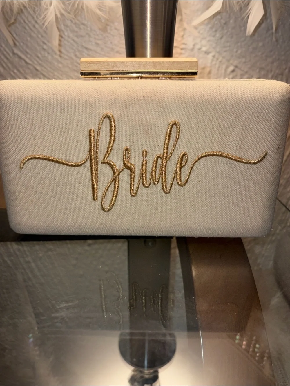 New “Bridal” in Gold Embroidered Linen Box Clutch with Floral Lining
